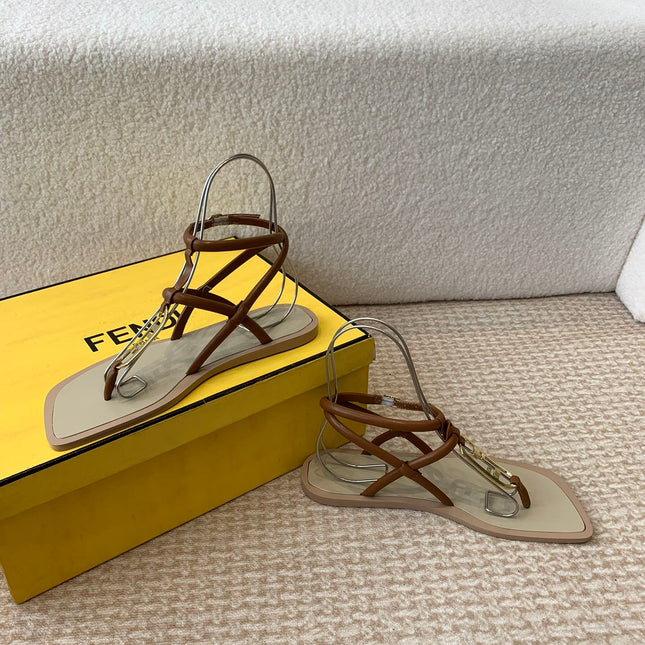 FENDI O'LOCK THONG SANDAL BROWN CALFSKIN WITH GOLD HARDWARE