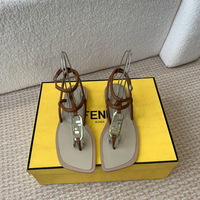 FENDI O'LOCK THONG SANDAL BROWN CALFSKIN WITH GOLD HARDWARE