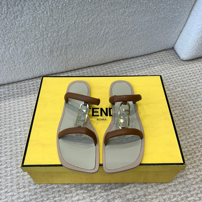 FENDI O'LOCK SLIDES BROWN CALFSKIN WITH GOLD HARDWARE