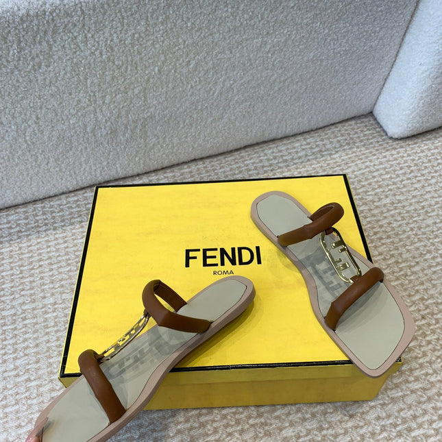 FENDI O'LOCK SLIDES BROWN CALFSKIN WITH GOLD HARDWARE