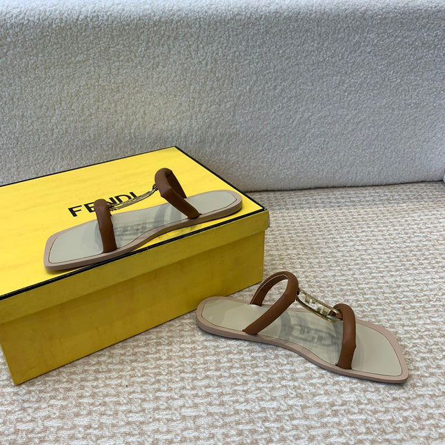 FENDI O'LOCK SLIDES BROWN CALFSKIN WITH GOLD HARDWARE