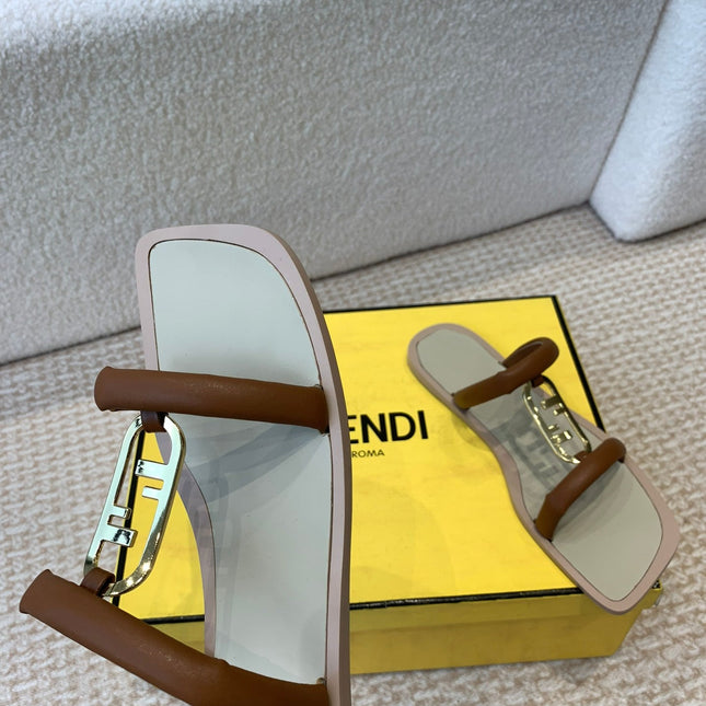 FENDI O'LOCK SLIDES BROWN CALFSKIN WITH GOLD HARDWARE