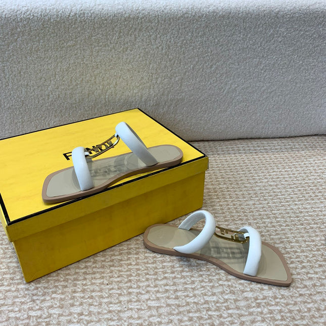 FENDI O'LOCK SLIDES WHITE CALFSKIN WITH GOLD HARDWARE