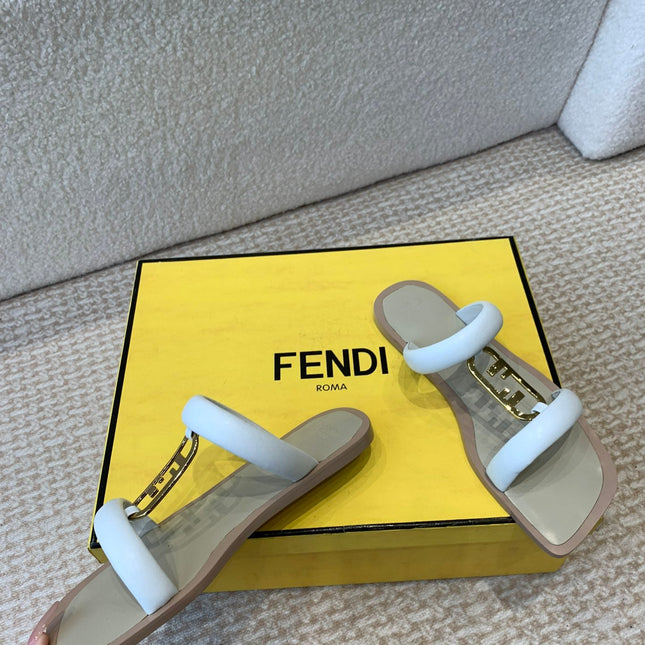 FENDI O'LOCK SLIDES WHITE CALFSKIN WITH GOLD HARDWARE