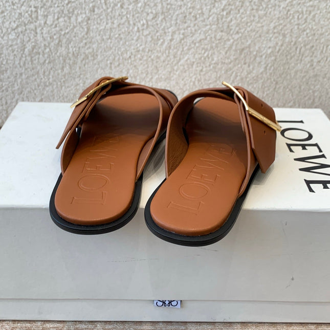 PETAL BELT FLAT SANDAL IN BRONZE BROWN CALFSKIN