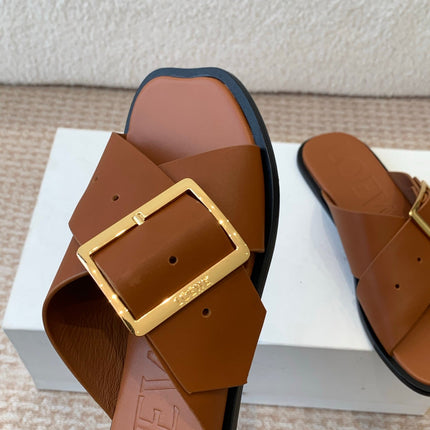 PETAL BELT FLAT SANDAL IN BRONZE BROWN CALFSKIN
