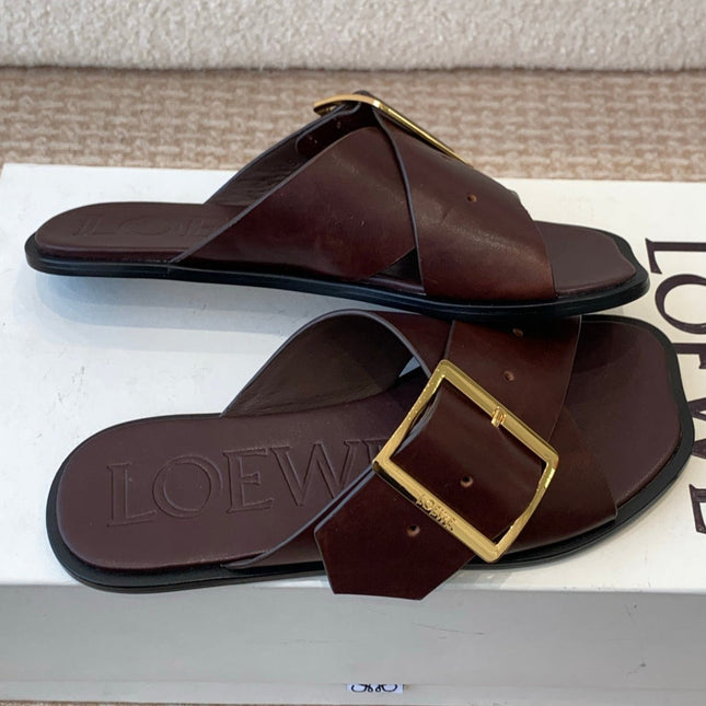 PETAL BELT FLAT SANDAL IN RUSSET BROWN CALFSKIN