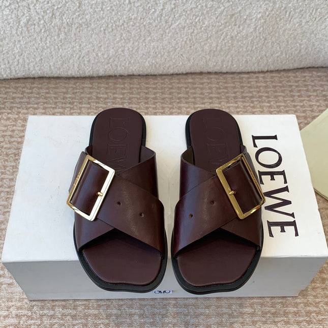 PETAL BELT FLAT SANDAL IN RUSSET BROWN CALFSKIN