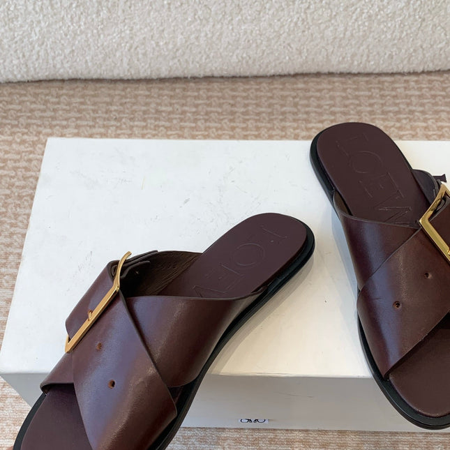 PETAL BELT FLAT SANDAL IN RUSSET BROWN CALFSKIN