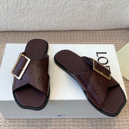 PETAL BELT FLAT SANDAL IN RUSSET BROWN CALFSKIN