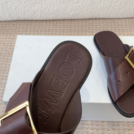 PETAL BELT FLAT SANDAL IN RUSSET BROWN CALFSKIN