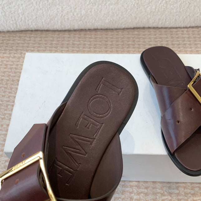 PETAL BELT FLAT SANDAL IN RUSSET BROWN CALFSKIN