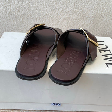 PETAL BELT FLAT SANDAL IN RUSSET BROWN CALFSKIN