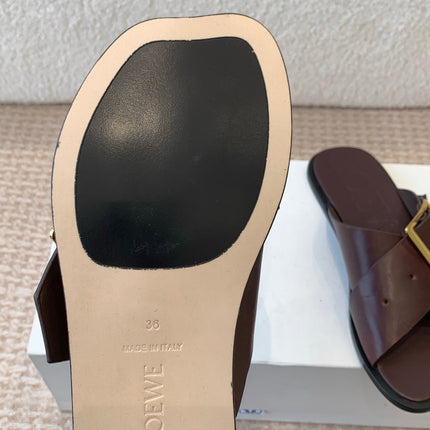 PETAL BELT FLAT SANDAL IN RUSSET BROWN CALFSKIN