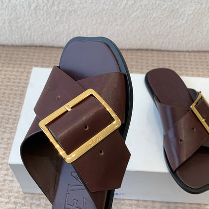 PETAL BELT FLAT SANDAL IN RUSSET BROWN CALFSKIN