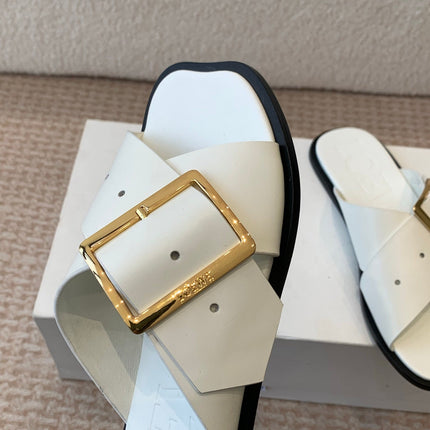 PETAL BELT FLAT SANDAL IN WHITE CALFSKIN