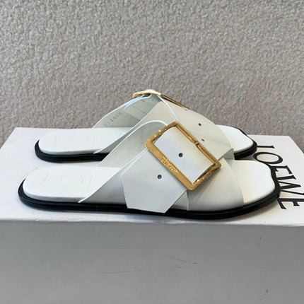 PETAL BELT FLAT SANDAL IN WHITE CALFSKIN