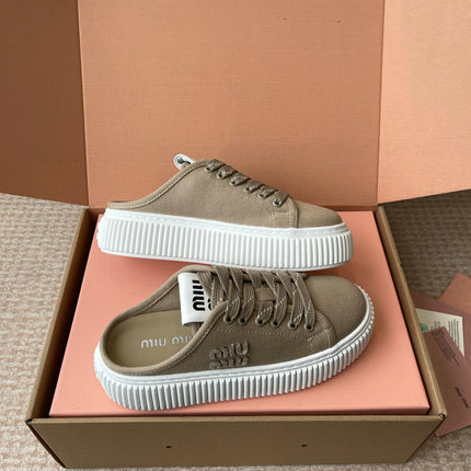 WASH SNEAKER MULES IN DARK BEIGE DENIM STRIPED LACES