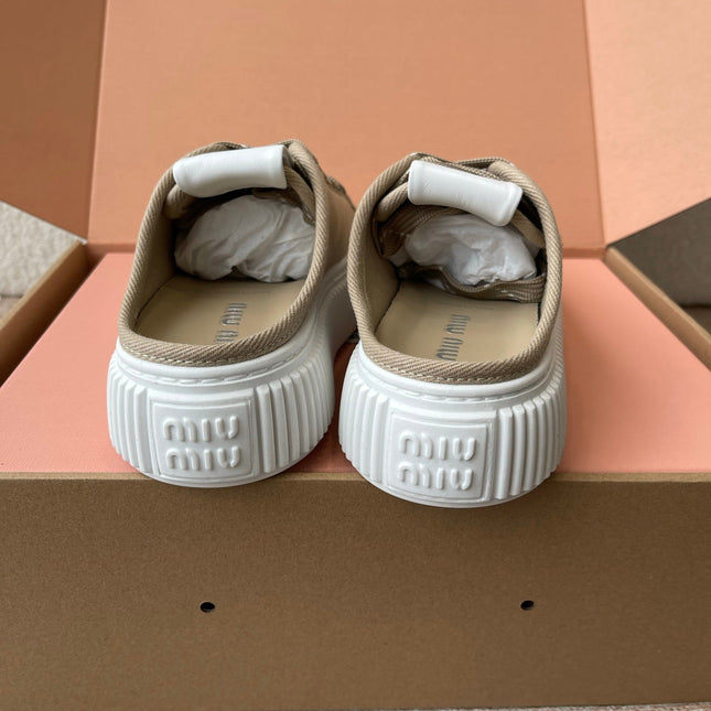 WASH SNEAKER MULES IN DARK BEIGE DENIM STRIPED LACES