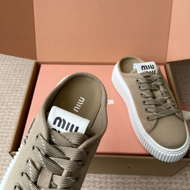 WASH SNEAKER MULES IN DARK BEIGE DENIM STRIPED LACES