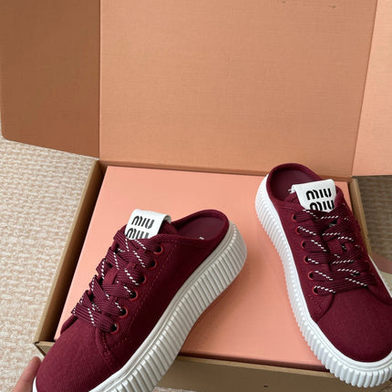 WASH SNEAKER MULES IN BURGUNDY RED DENIM STRIPED LACES