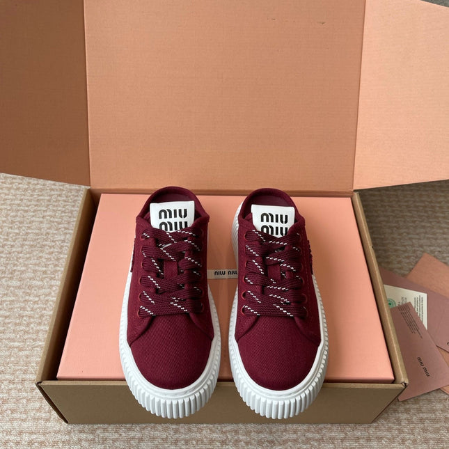 WASH SNEAKER MULES IN BURGUNDY RED DENIM STRIPED LACES