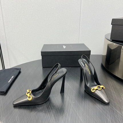 GOLD CHAIN ATTACHED HIGH SLINGBACK IN BLACK SMOOTH LAMBSKIN