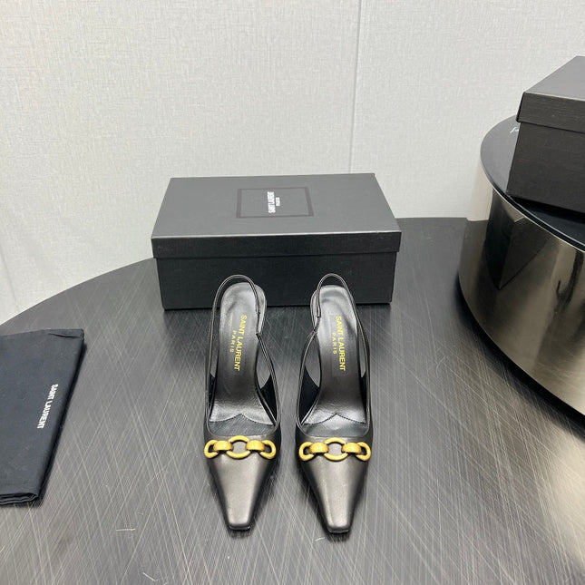 GOLD CHAIN ATTACHED HIGH SLINGBACK IN BLACK SMOOTH LAMBSKIN