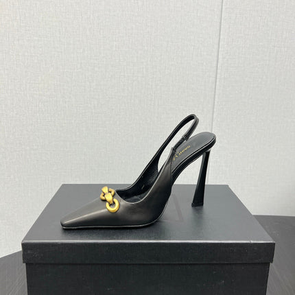 GOLD CHAIN ATTACHED HIGH SLINGBACK IN BLACK SMOOTH LAMBSKIN