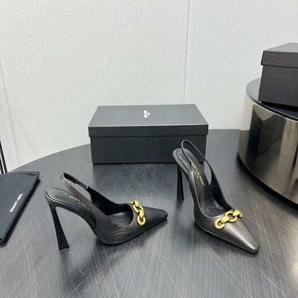 GOLD CHAIN ATTACHED HIGH SLINGBACK IN BLACK SMOOTH LAMBSKIN