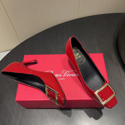 BELLE VIVIER PUMPS IN RED GLOSSY CALFSKIN GOLD BUCKLE