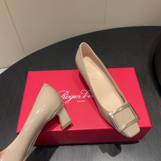 ROGER VIVIER 25S BELLE VIVIER PUMPS 45MM IN NUDE CALFSKIN GOLD BUCKLE