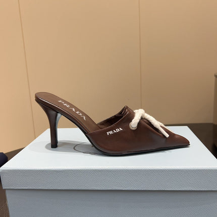 PRADA 25S BRAIDED DETAIL MULES 85MM IN DARK BROWN CALFSKIN