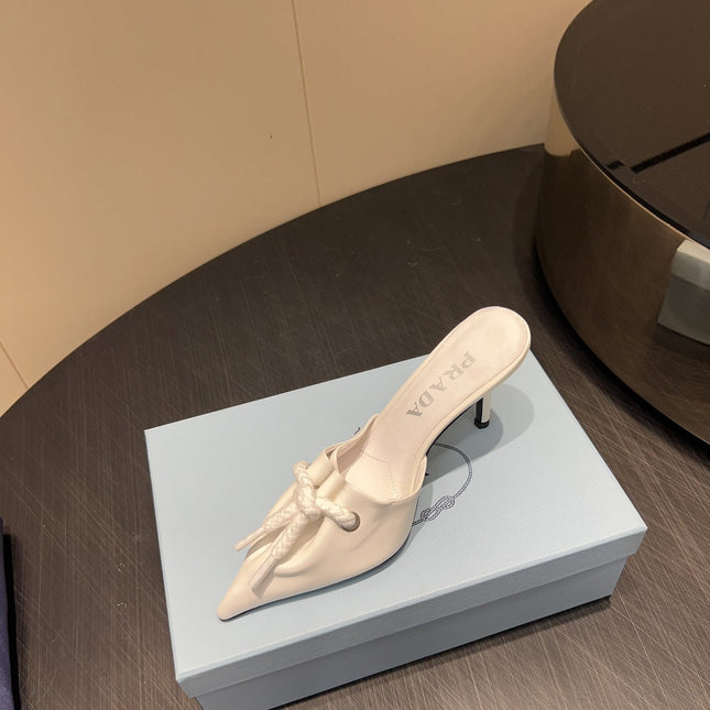 PRADA 25S BRAIDED DETAIL MULES 85MM IN WHITE CALFSKIN