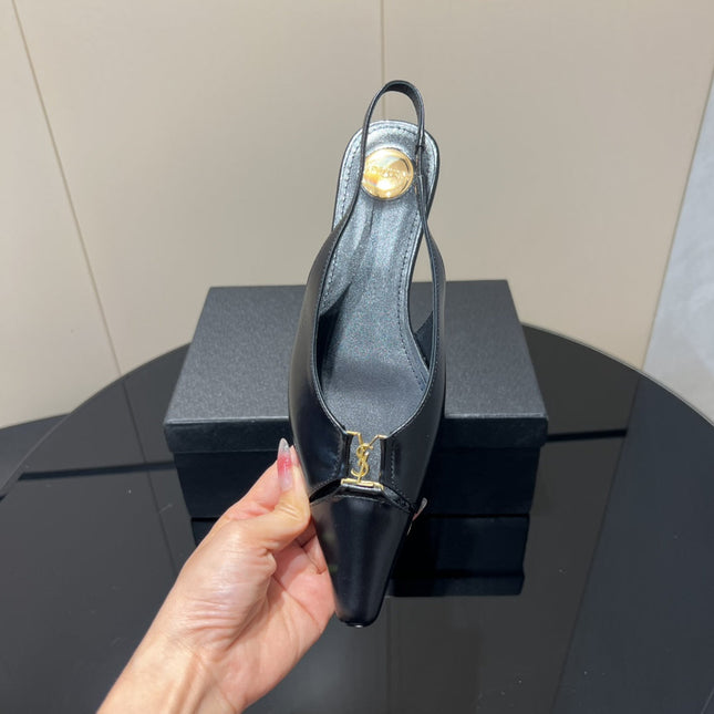 YSL SLINGBACK FLATS 25S IN BLACK LAMBSKIN WITH GOLD HARDWARE