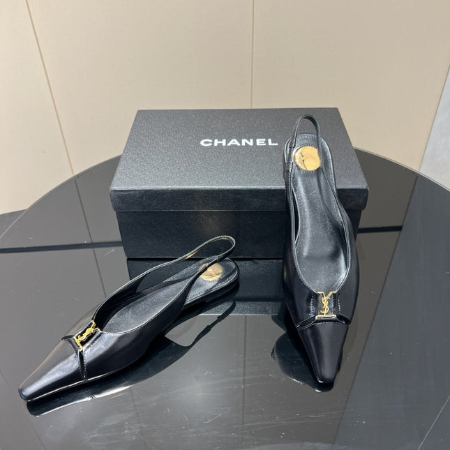 YSL SLINGBACK FLATS 25S IN BLACK LAMBSKIN WITH GOLD HARDWARE