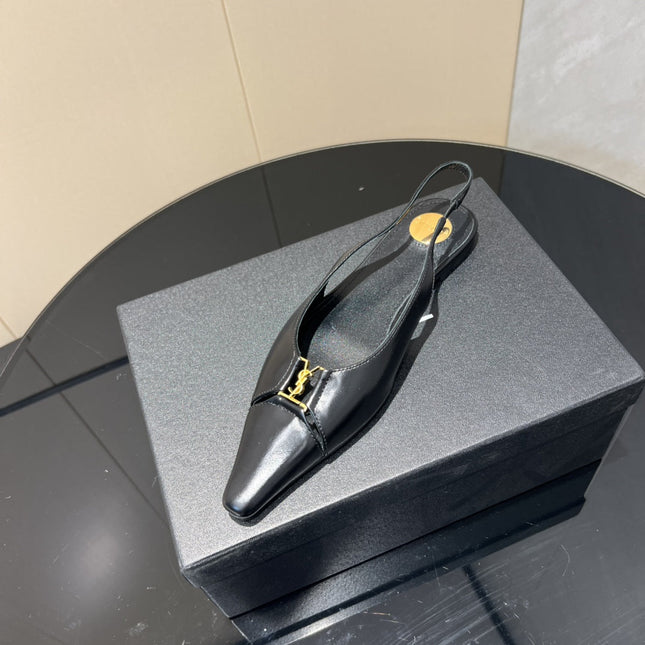 YSL SLINGBACK FLATS 25S IN BLACK LAMBSKIN WITH GOLD HARDWARE