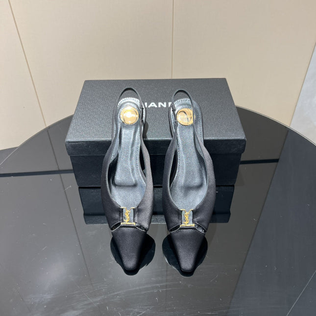 YSL SLINGBACK FLATS 25S IN BLACK SATIN FABRIC WITH GOLD HARDWARE