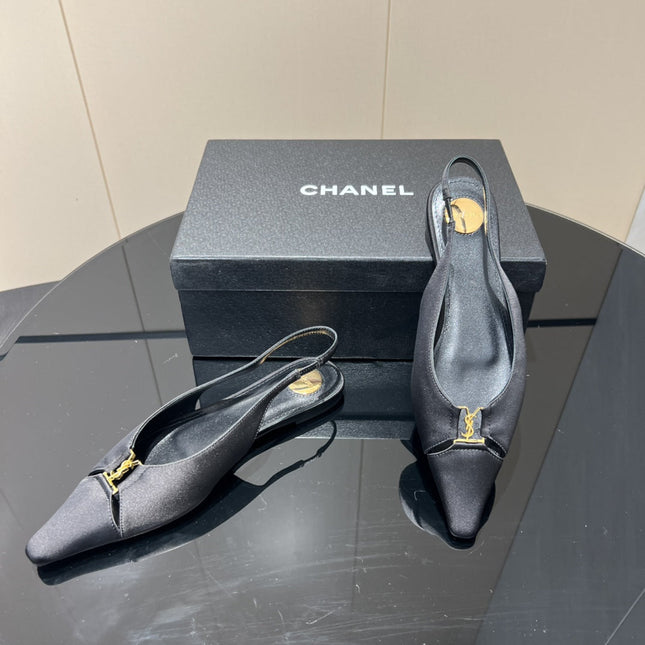 YSL SLINGBACK FLATS 25S IN BLACK SATIN FABRIC WITH GOLD HARDWARE