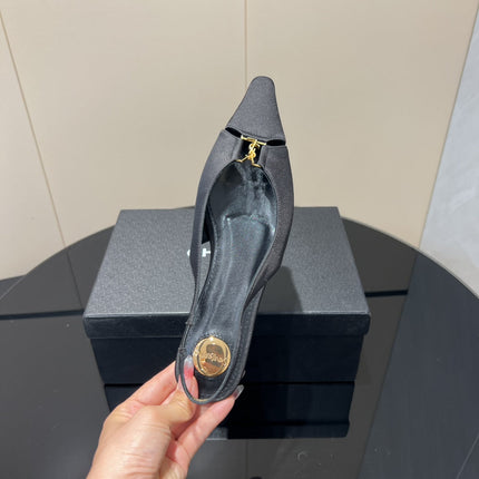 YSL SLINGBACK FLATS 25S IN BLACK SATIN FABRIC WITH GOLD HARDWARE