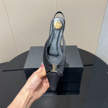 YSL SLINGBACK FLATS 25S IN BLACK SATIN FABRIC WITH GOLD HARDWARE