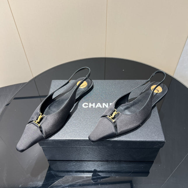 YSL SLINGBACK FLATS 25S IN BLACK SATIN FABRIC WITH GOLD HARDWARE