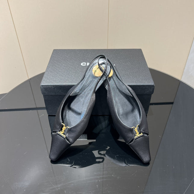YSL SLINGBACK FLATS 25S IN BLACK SATIN FABRIC WITH GOLD HARDWARE
