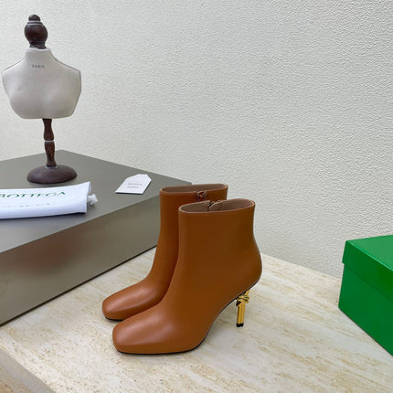 KNOT ANKLE BOOT IN BRONZE BROWN CALFSKIN WITH GOLD METAL HEEL 9 CM