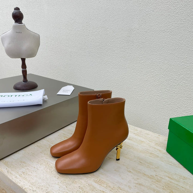 KNOT ANKLE BOOT IN BRONZE BROWN CALFSKIN WITH GOLD METAL HEEL 9 CM
