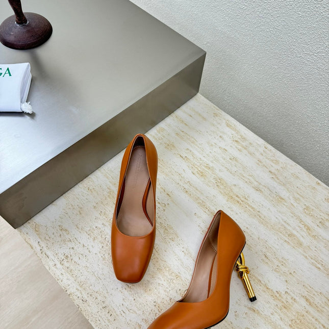 KNOT HIGH PUMP IN BRONZE BROWN AND GOLD METAL HEEL 9 CM