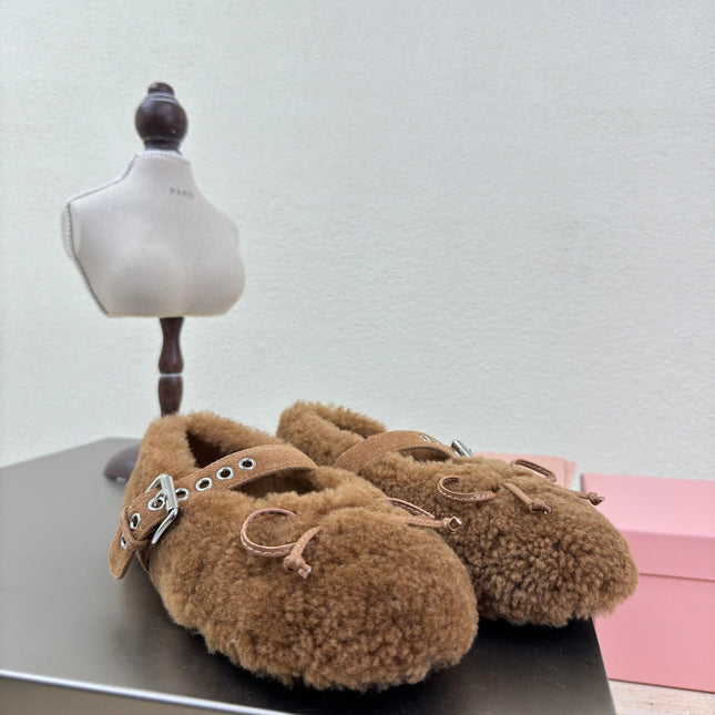 SHEARLING BALLET FLAT BROWN WITH SUEDE STRAP