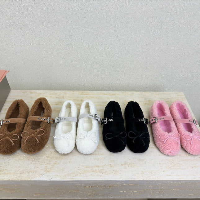 SHEARLING BALLET FLAT BROWN WITH SUEDE STRAP