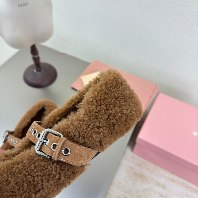 SHEARLING BALLET FLAT BROWN WITH SUEDE STRAP