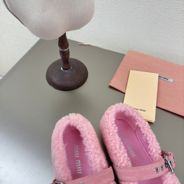 SHEARLING BALLET FLAT PINK WITH SUEDE STRAP